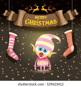 vector merry christmas greeting card with cartoon cute christmas little elf, elfin socks, christmas lights stars and golden greeting calligraphic text on old vintage paper banner ribbon.