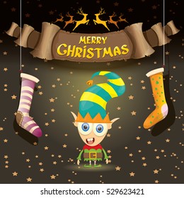 vector merry christmas greeting card with cartoon cute christmas little elf, elfin socks, christmas lights stars and golden greeting calligraphic text on old vintage paper banner ribbon.