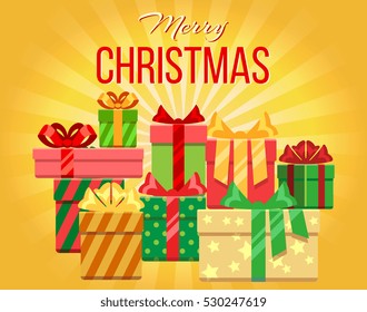 Vector Merry Christmas greeting card with heap of gift boxes