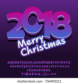 Vector Merry Christmas greeting card. Purple modern Alphabet. Graphic style Font. 