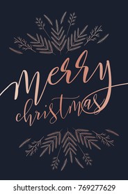 Vector Merry christmas greeting card. Pattern of floral elements tree branch.Rose gold lettering