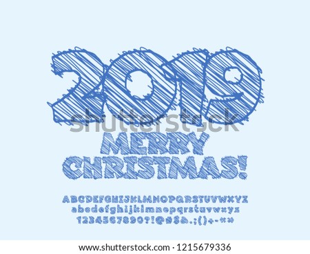 Vector Merry Christmas Greeting Card with scetch drawing 2019. Handdrawn set of Alphabet letters, Numbers and punctuation Symbols.
