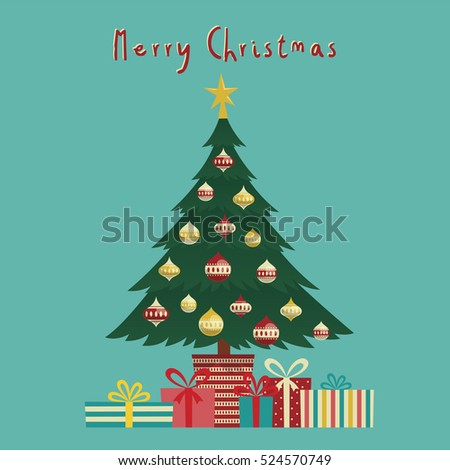 Vector Merry Christmas Greeting Card Presents Under Tree
