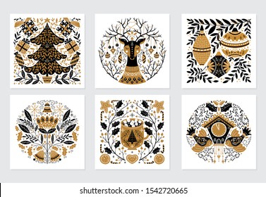 Vector Merry Christmas greeting cards and invitation isolated on background. Set with scandinavian ornaments,  xmas tree, gift and deer, bird, mug, clock, hand drawn designs. Vector elements for Xmas