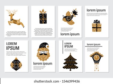 Vector Merry Christmas greeting cards and invitations isolated on background. Set withdeer, gift, bird, Santa, clock in scandinavian style. Vector elements for Xmas design.