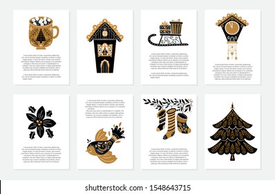 Vector Merry Christmas greeting cards and invitations isolated on background. Set with xmas tree, house,clock, gifts, socks, mug and text in scandinavian style. Vector elements for Xmas design.