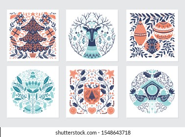 Vector Merry Christmas greeting cards and invitations isolated on background. Set with scandinavian ornaments, xmas tree, gift and deer, bird, mug, clock, hand drawn designs. Vector elements for Xmas 