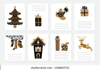 Vector Merry Christmas greeting cards and invitations isolated on background. Set with xmas tree, house,deer, gifts, socks,house  in scandinavian style. Vector elements for Xmas design.