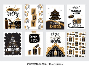 Vector Merry Christmas greeting cards and invitation isolated on background. Set with scandinavian ornaments and lettering, xmas tree, gifts,house, sleigh  hand drawn designs. 
