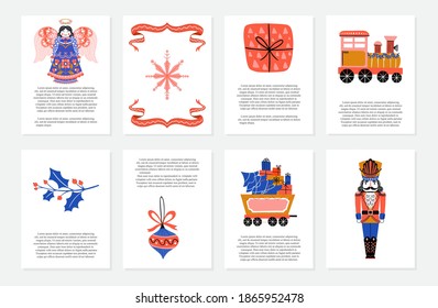 Vector Merry Christmas greeting cards and invitations isolated on background. Set with xmas ball, train, nutcracker, angel, gift, red ribbon, mistletoe and text in Scandinavian style. Vector elements 