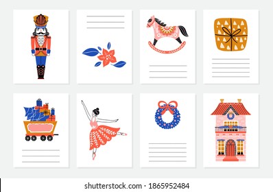 Vector Merry Christmas greeting cards and invitations isolated on background. Set with xmas wreath, train, nutcracker, ballerina, gift, mistletoe, rocking horse in Scandinavian style. Vector elements 