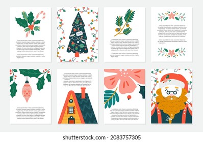 Vector Merry Christmas greeting cards isolated on background. Set with Santa Claus , xmas tree, pine and house, sock, hand drawn designs. Vector elements for Xmas