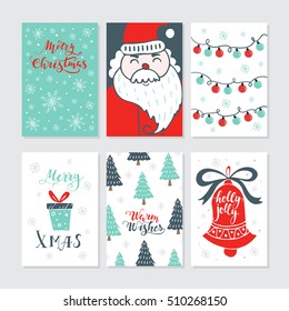 Vector Merry Christmas greeting cards and invitations  isolated on background. Set with cute Xmas tree, gift, garland, Santa and bell hand drawn designs. Vector elements for Xmas design.