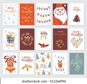 Vector Merry Christmas greeting cards and invitations  isolated on background. Big set with cute xmas tree, Santa, gift and garland hand drawn designs. Vector elements for Xmas design.