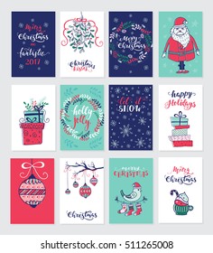 Vector Merry Christmas greeting cards and invitations  isolated on background. Set with cute xmas wreath, gift and Santa  hand drawn designs. Vector elements for Xmas design.