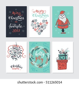 Vector Merry Christmas greeting cards and invitations  isolated on background. Set with cute gift, Santa and mistletoe hand drawn designs. Vector elements for Xmas design.