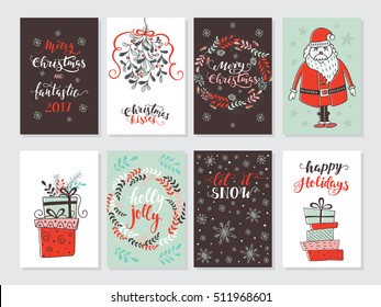 Vector Merry Christmas greeting cards and invitations isolated on background. Set with snowflakes, mistletoe, wreath, gifts and Santa hand drawn designs. Vector elements for Xmas design.