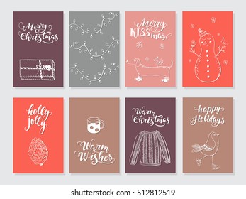 Vector Merry Christmas greeting cards and invitations  isolated on background. Set with cute snowman, bird and garland hand drawn designs. Vector elements for Xmas design.