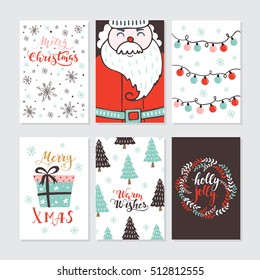 Vector Merry Christmas greeting cards and invitations  isolated on background. Set with cute xmas tree, gift and Santa hand drawn designs. Vector elements for Xmas design.