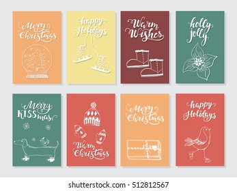 Vector Merry Christmas greeting cards and invitations  isolated on background. Set with cute snowman, bird and garland hand drawn designs. Vector elements for Xmas design.
