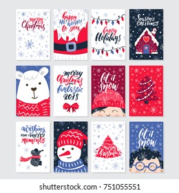 Vector Merry Christmas greeting cards and invitations isolated on background. Big set with cute xmas tree, Santa, bear, snowman, garland, winter people. Holiday lettering and Xmas design.