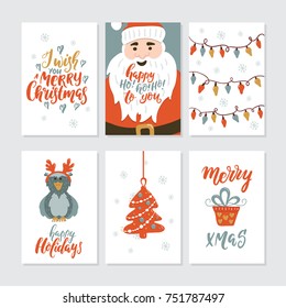 Vector Merry Christmas greeting cards and invitations isolated on background. Big set with cute xmas tree, Santa, gift, owl and garland hand drawn designs.Holiday lettering for Xmas design.