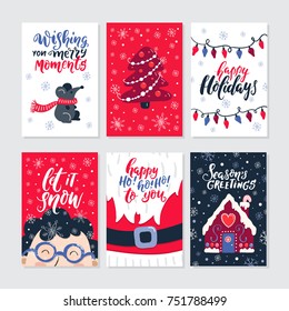 Vector Merry Christmas greeting cards and invitations isolated on background. Big set with cute xmas tree, Santa, bear, snowman, garland, winter people. Holiday lettering and Xmas design.