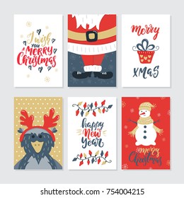Vector Merry Christmas greeting cards and invitations isolated on background. Big set with cute owl, Santa, gift and garland hand drawn designs. Holiday lettering and Xmas design.