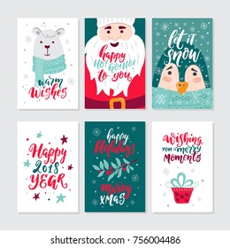 Tarjetas de felicitación Vector Merry Christmas y invitaciones aisladas en segundo plano. Gran conjunto con adorables diseños de oso, Santa, regalo, punguín y guirnaldas. Elementos vectoriales para el diseño de Navidad.