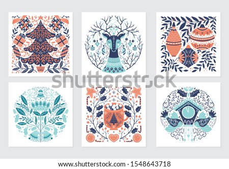 Vector Merry Christmas greeting cards and invitations isolated on background. Set with scandinavian ornaments, xmas tree, gift and deer, bird, mug, clock, hand drawn designs. Vector elements for Xmas 