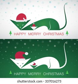 Vector merry christmas greeting cat card on green background and whiet background 