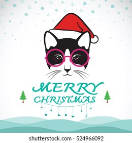 Vector merry christmas greeting cat card on white background. Pet