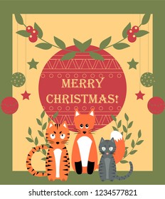 vector merry christmas greeting with cute animal characters and christmas decorations, mistletoe,  colorful illustration 