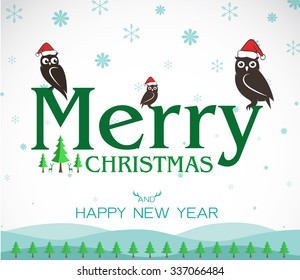 Vector merry christmas greeting owl card on white background, Merry Christmas lettering