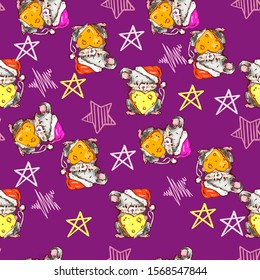 Vector Merry Christmas hand drawn funny happy mice seamless pattern.  Mouse, stars and 
cheese. For stickers collection, congratulation cards, prints. - Vector