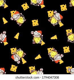 Vector Merry Christmas hand drawn funny happy mouse seamless pattern.  Mouse and  cheese for stickers collection, congratulation cards, prints. - Vector