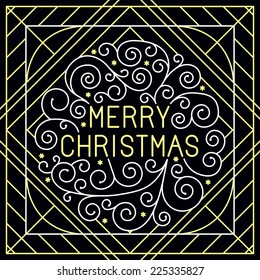 Vector merry christmas hand lettering in outline style - greeting card with decorative typography and line flourishes  in white and gold colors on black background