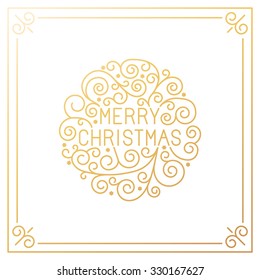 Vector merry christmas hand lettering in outline style - greeting card with decorative typography and line flourishes in golden colors on white background