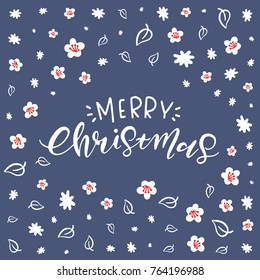 Vector Merry Christmas Hand Lettering, Holiday Cards with Hand Drawn Elements, Holiday Calligraphy Backgrounds, Greeting Cards, Floral X-mas Invitations, Navy Background