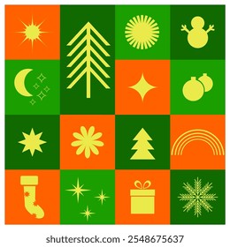 Vector Frohe Weihnachten und Happy Holiday Grußkarte mit Sternen, Geschenk, Bälle, Box, Mond, Sonne, Baum, Schneeflocke. Feliz Navidad. Frohes neues Jahr.