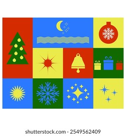 Vector Frohe Weihnachten und Happy Holiday Grußkarte mit Sternen, Geschenk, Bälle, Box, Mond, Sonne, Baum, Schneeflocke. Feliz Navidad. Frohes neues Jahr.