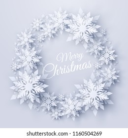 Vector Merry Christmas and Happy New Year background with wreath made of realistic looking paper cut snowflakes. Seasonal winter holidays greeting card