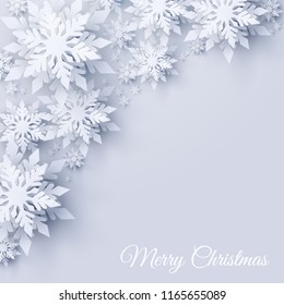 Vector Merry Christmas and Happy New Year greeting card design with realistic looking paper cut snowflakes. Seasonal Christmas and New Year holidays paper craft background template for banner, flyer