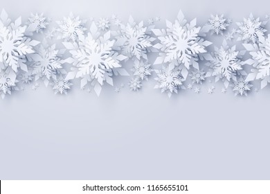 Vector Merry Christmas and Happy New Year greeting card design with realistic looking paper cut snowflakes. Seasonal Christmas and New Year holidays paper craft background template for banner, flyer