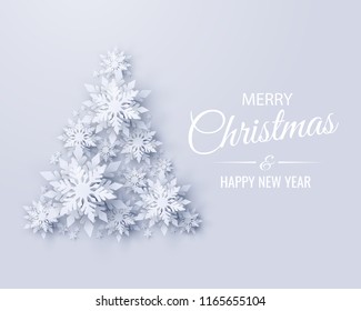 Vector Merry Christmas and Happy New Year greeting card design with Christmas tree made of realistic looking paper cut snowflakes. Seasonal holidays paper craft background