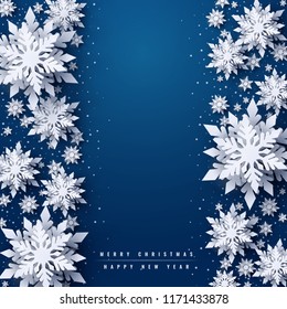 Vector Merry Christmas and Happy New Year greeting card design with white layered paper cut snowflakes on blue background. Seasonal Christmas and New Year holidays paper art banner, poster template