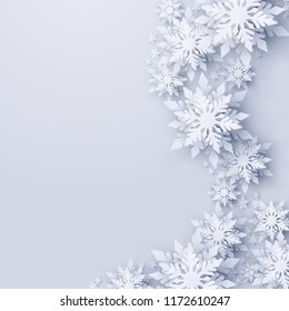 Vector Merry Christmas and Happy New Year greeting card design with white realistic 3d layered paper cut snowflakes. Seasonal Christmas and New Year holidays paper art template background