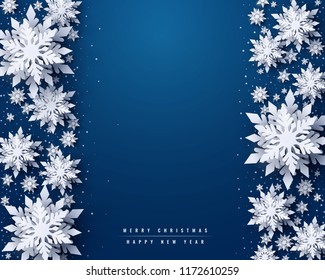 Vector Merry Christmas and Happy New Year greeting card design with white layered paper cut snowflakes on blue background. Seasonal Christmas and New Year holidays paper art banner, poster template