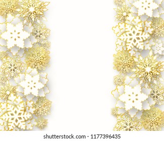 Vector Merry Christmas and Happy New Year greeting card design with 3d white and gold layered paper cut snowflakes on white background. Seasonal Christmas and New Year holidays luxury paper banner