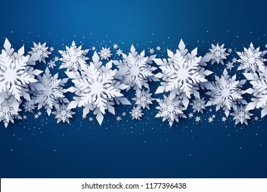 Vector Merry Christmas and Happy New Year greeting card design with white layered paper cut snowflakes on dark blue background. Seasonal holidays paper art banner, poster